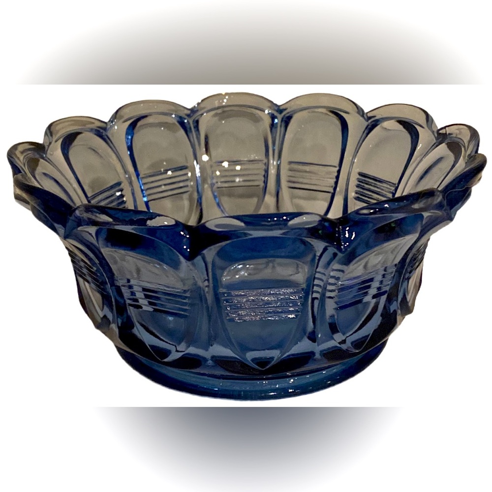 Vintage 1980s FENTON Periwinkle Blue Barred Pattern Scalloped Edge Candy Bowl